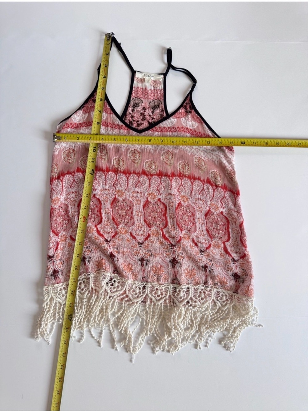 Love Tree Boho Pink and Orange Patterned Fringe Lace Hem Camisole,Size Small - Picture 4 of 7